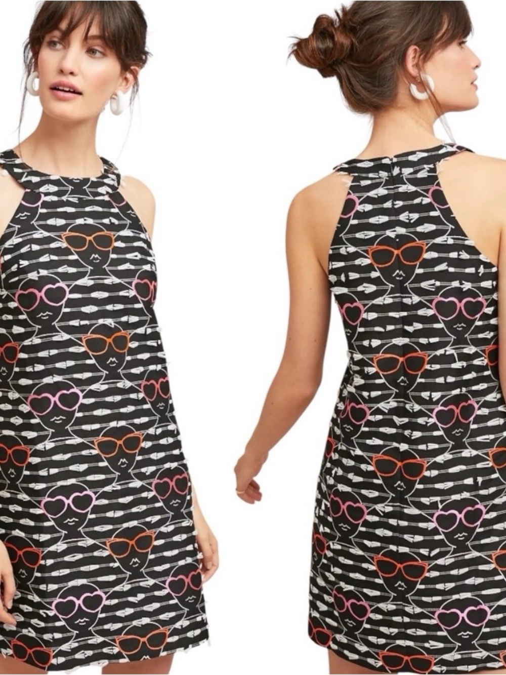 Hutch for Anthropologie Black Sunglass Motif Embroidered Halter Dress